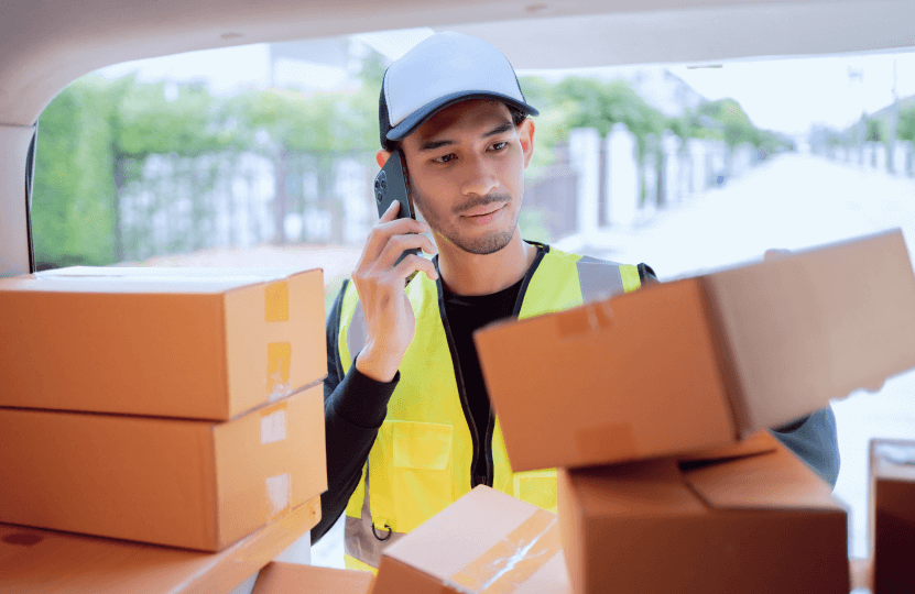 a worker talking on the phone while making deliveries